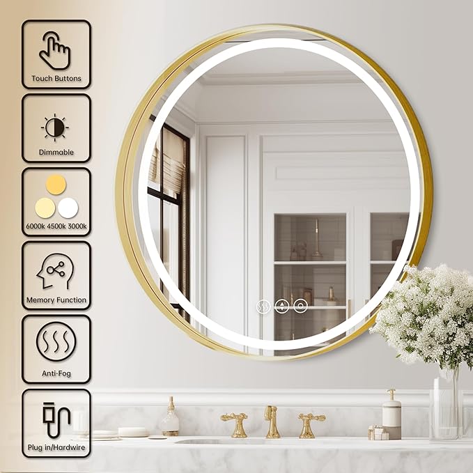 Gold Round Mirror 32 Inch, Metal Framed Frontlit Bathroom Mirror, Circle Mirrors for Wall, Led Light Mirror with Anti-Fog, Memory Function, 3 Color Temperature, Makeup Mirrors Dimmable