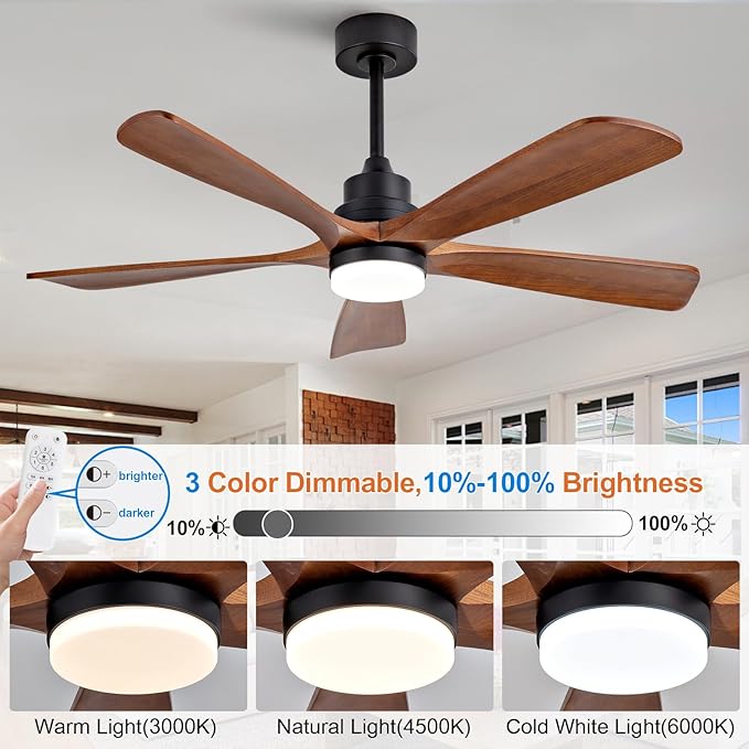 52 Inch Outdoor Ceiling Fans with Lights and Remote Control, Dimmable 5 Blade Wood Outdoor Ceiling Fans for Patios, Black Walnut Bedroom Ceiling Fan with Lights, Noiseless DC Motor