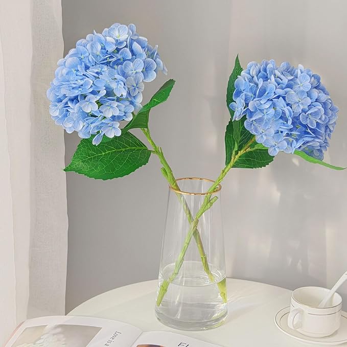 Real Touch Blue Hydrangea Artificial Flowers with Stems, Fake Silk Flowers for Outdoors, 3 Pcs Artificial Flowers for Home Decor Wedding Bouquets Centerpieces Vase