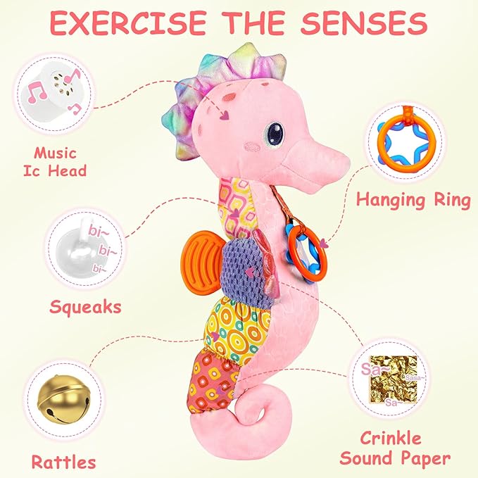 Fuzqq Baby Girl Toys 0-6 Months,Musical Stuffed Animal Plush Toy with Rattle,Soft Newborn Toy for 0 3 6 9 12 Months Girls,Baby Girl Gift,Pink