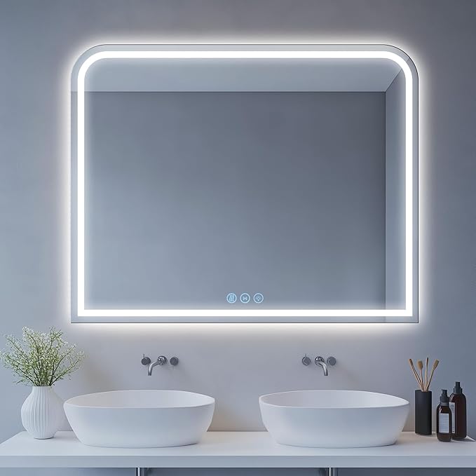 LED Bathroom Mirror, 40"x 32" LED Mirror with Lights for Bathroom, Lighted Vanity Mirrors for Wall, Anti-Fog, Dimmable, Tempered Glass, Memory Function, 3 Colors, Safe Use (White)