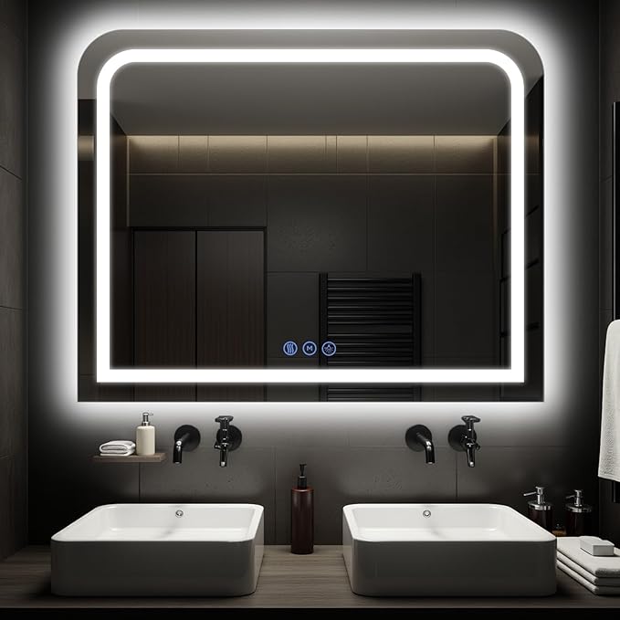 LED Bathroom Mirror, 40"x 32" LED Mirror with Lights for Bathroom, Lighted Vanity Mirrors for Wall, Anti-Fog, Dimmable, Tempered Glass, Memory Function, 3 Colors, Safe Use (White)