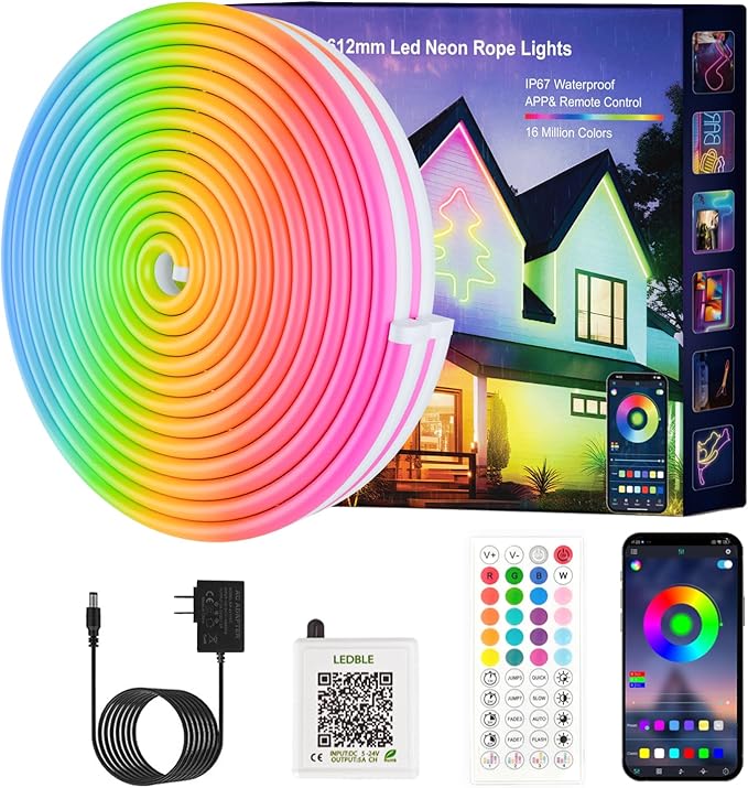 Neon Rope Lights, JIAMEI 49.21FT RGB LED Strip Lights, App Control, IR Remote, Music Syncing, Outdoor IP67 Waterproof, Flexible Neon Strip Lights Cuttable for Bedroom, Gaming, Party (49.21FT)