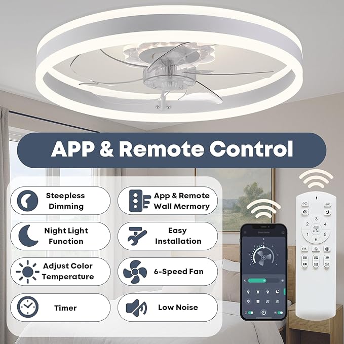 23.6'' Ceiling Fan with Light, Upgraded Low Profile Fan, Flush Mount Ceiling Fan, 6 Speeds, Dimmable LED, App & Remote Control, Quiet DC Motor, for Bedroom, Living Room, F105 White