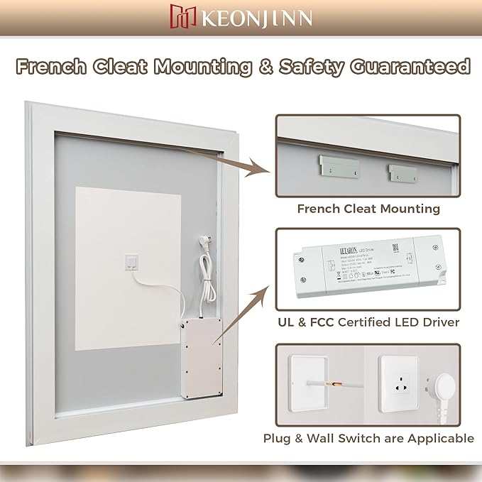 Keonjinn Bathroom LED Mirror 55" x 36" Front and Back Lights, Tempered Glass Stepless 3 Colors Temperature & Dimmable Large Wall Mirror, UL Listed LED Driver, Double Lighted Anti-Fog LED Vanity Mirror