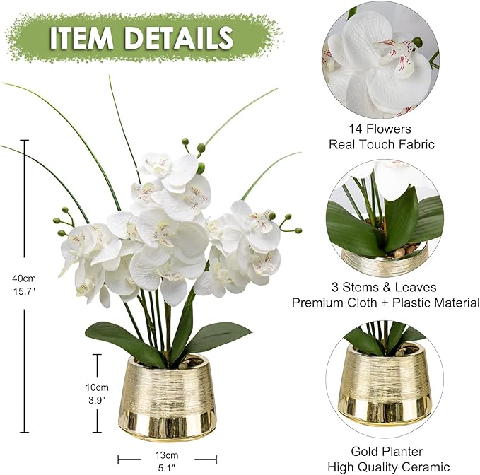Artificial White Phalaenopsis Orchid Flower Arrangements Faux Orchid Flower in Gold Pot Orchid Centerpiece for Dining Room Table
