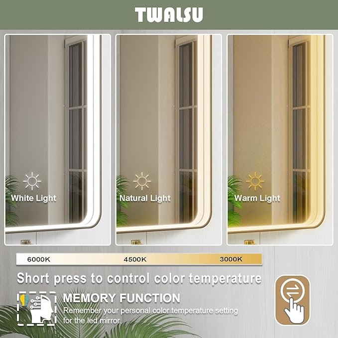 20x28 Inch LED Bathroom Mirror with Lights, Black Metal Framed LED Mirror for Bathroom, 3 Colors and Stepless Dimmable Wall Mounted Lighted Bathroom Vanity Mirror, Anti-Fog, Memory