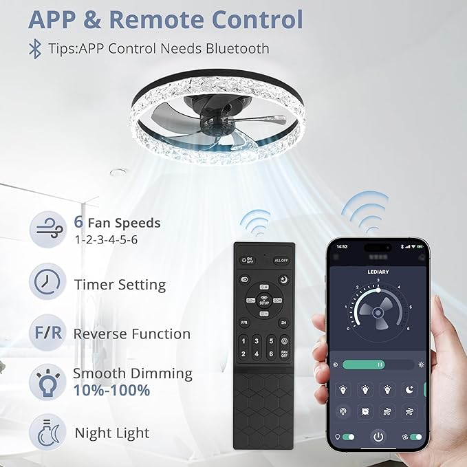 LEDIARY 20" Modern Ceiling Fans with Lights and Remote, Dimmable Low Profile Ceiling Fan, Flush Mount Ceiling Fan, Stepless Color Temperature Change and 6 Speeds - Black