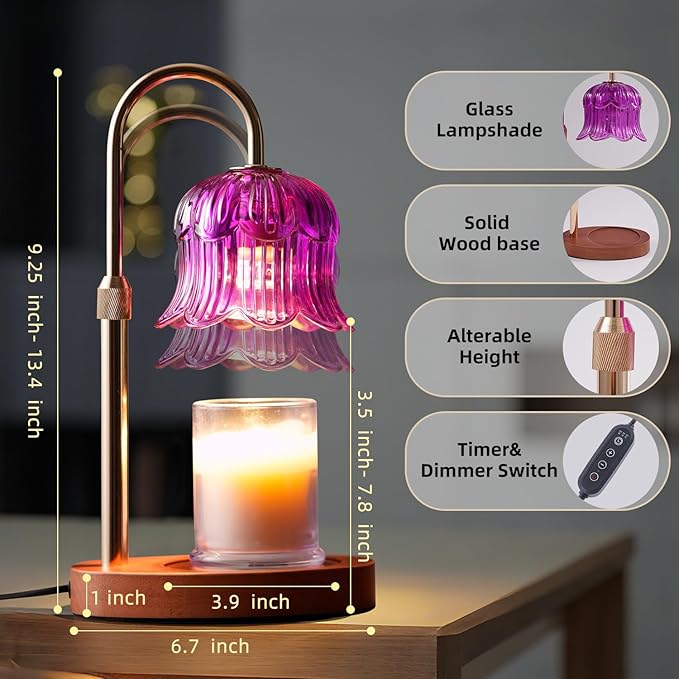 Candle Warmer Lamp with Timer: Dimmable Candle Warmer Lamps Height Adjustable Purple Flower Candle Lights