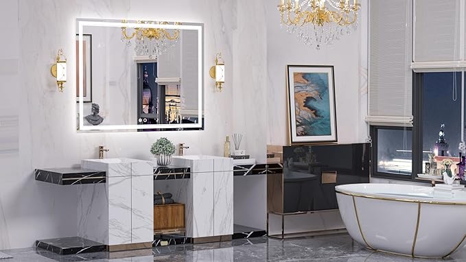 Keonjinn 48 x 40 Inch LED Bathroom Mirror with Lights, Large Wall Mounted Vanity Mirror, UL Listed LED Driver, HD Tempered Glass, Easy Installation, Anti-Fog, Memory Dimmable 6000K, CRI 90+