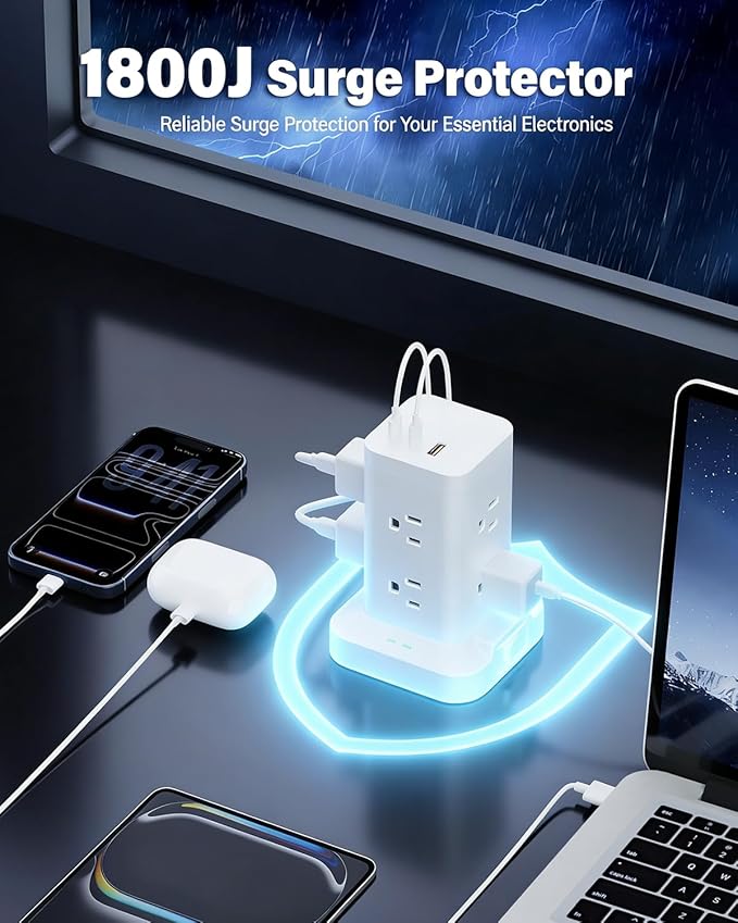 2Pack Power Strip Tower with Surge Protector 1800J, Fast Charging Tower PD20W USB-C Ports with 8 AC Outlets, 10ft Extension Cord for Home Office Dorm Room, White