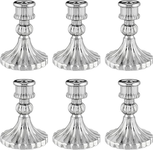 Glass Candlestick Holder,Striped Taper Candle Holders,Set of 6 Candle Stand for Table Centerpieces, Home Decor,Weddings,Festival and Parties (Silver Stripe)