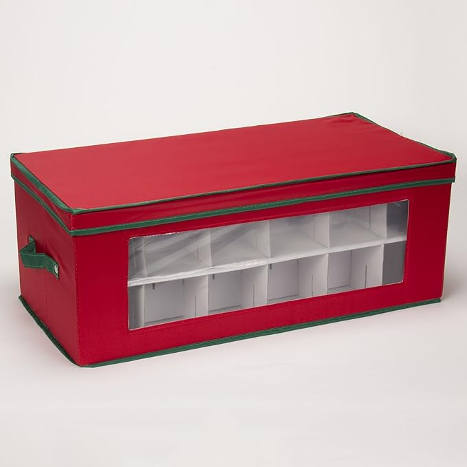 Household Essentials Ornament Storage Box, 36 Piece with Dividers, Sturdy and Stackable with Handles and Clear Plastic Window, Red Polyester Linen with Green Trim
