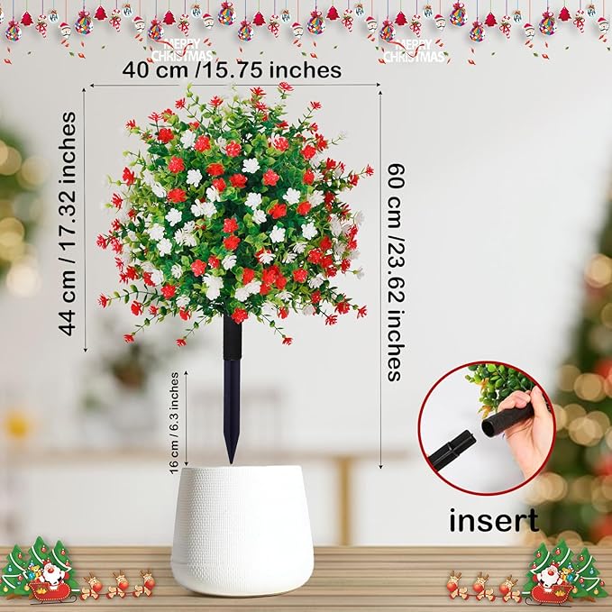 2 Pack Artificial Christmas Tree,Xmas Fake Topiary Ball Boxwood Trees with Ground Spikes,Faux Blooming Plants Shrubs Bushes for Outdoors Urn Filler Planters Garden Porch Christmas Decor