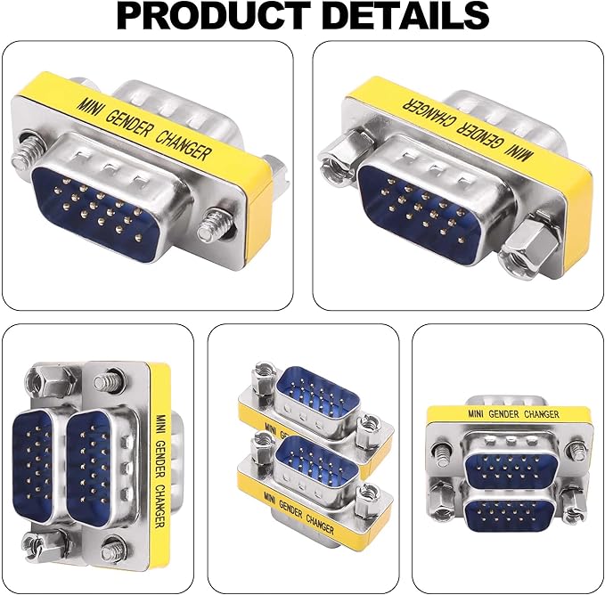 DB15 VGA Gender Changer Solderless Connector Male to Male Adapter D-SUB HD 15 Pin Serial Cable Coupler for PC Monitors Projectors-4pcs