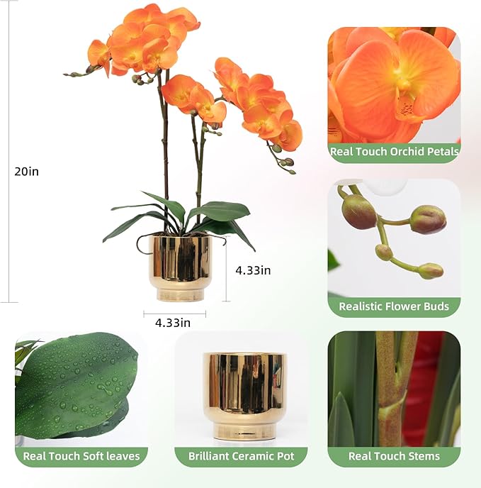 CXGS Orchids Artificial Flowers Real Touch Fake Flowers in Ceramic Pot 20" Orange Faux Orchid Plant Lifelike Silk Phalaenopsis for Centerpiece Hotel Home Indoor Decor