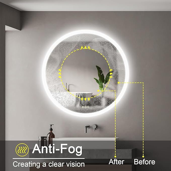 Wall-Mounted LED Round Bathroom Mirror, Makeup Mirror (32 inches x 32 inches,) 3 Color Stepless Dimmable Memory Bathroom Vanity Mirror with Lights CRI90+ 3000-6400K Smart Mirror with Touch