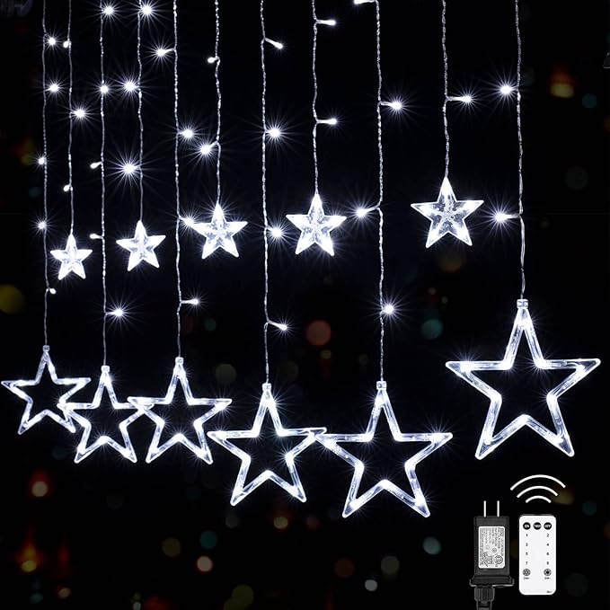 Star Curtain Lights for Bedroom - Plug-in 9ft 138 LED Fairy Twinkle Lights with 12 Star Drops, Connectable Window Lights with Remote 8 Lighting Modes for Indoor Xmas Ramadan Decoration, White