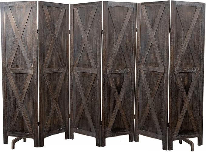 Premium Home 6-Panel Room Divider – Rustic Brown Barn Door, X Pattern Folding Privacy Screen, Partition Wall