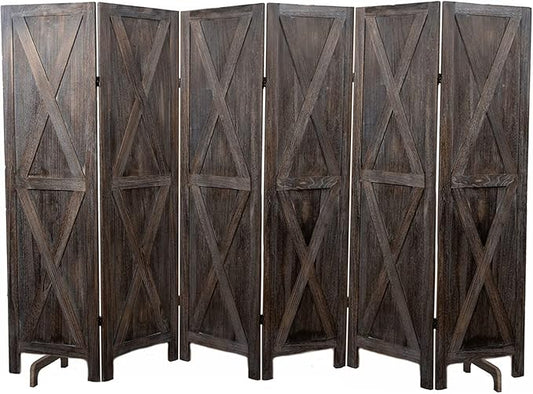 Premium Home 6-Panel Room Divider – Rustic Brown Barn Door, X Pattern Folding Privacy Screen, Partition Wall
