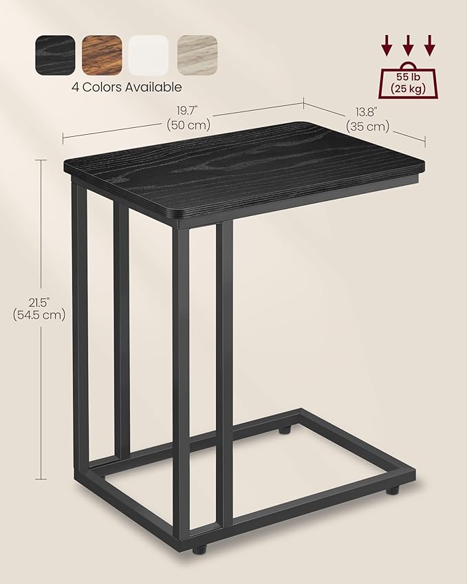 VASAGLE End Table, C Shaped TV Tray with Metal Frame Rolling Casters for Coffee Laptop Mobile Tablet, Industrial Side Table for Living Room Bedroom, 19.7 x 13.8 x 23.6 Inches, Ebony Black, ULNT050B56