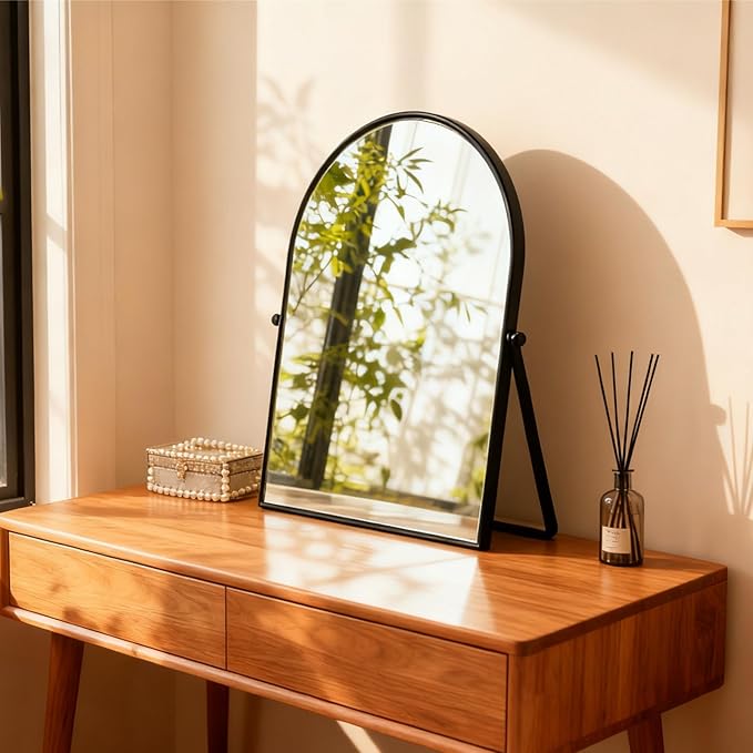 Black Metal Bedroom Mirror Vanity Countertop Makeup Mirror Arch Makeup Bathroom Mirror Rotation Framed Standing Mirrors 90°Adjustable Room Decor for Living Room,Bathroom Tabletop