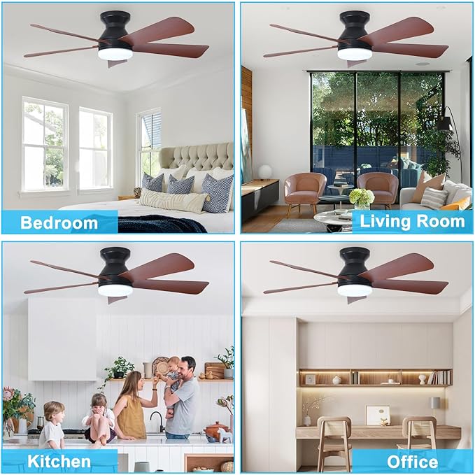 DINGLILIGHTING Ceiling Fans with Lights for Bedroom: 42 Inch Walnut Low Profile Ceiling Fan with Light and Remote Indoor Outdoor