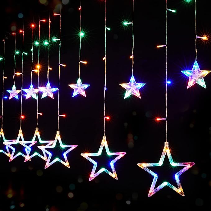 Star Curtain Lights for Bedroom - Plug-in 9ft 138 LED Fairy Twinkle Lights with 12 Star Drops, Connectable Window Lights with Remote 8 Lighting Modes for Indoor Xmas Ramadan Decoration, Multicolored