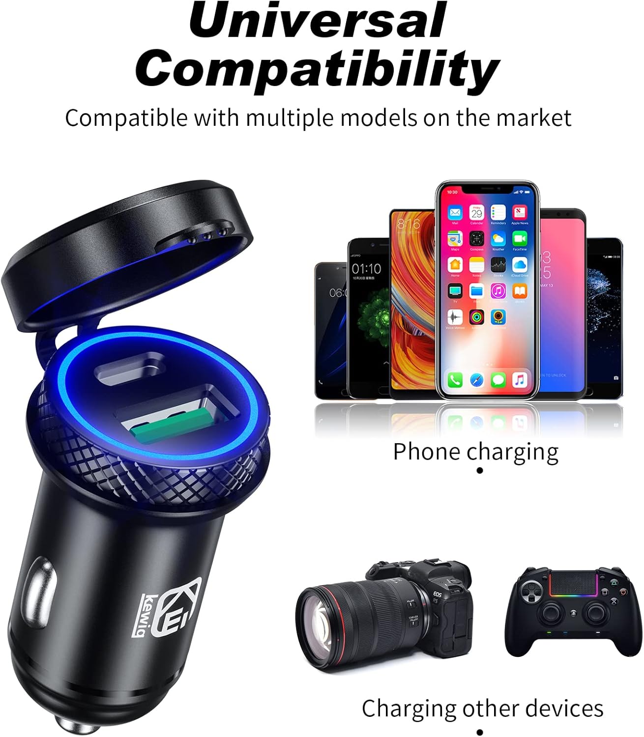 KEWIG USB C Car Charger, 60W/5A Super Mini Fast Adapter QC3.0&PD Type C Dual Port Quick Charge for iPhone 13/12 Pro/Max