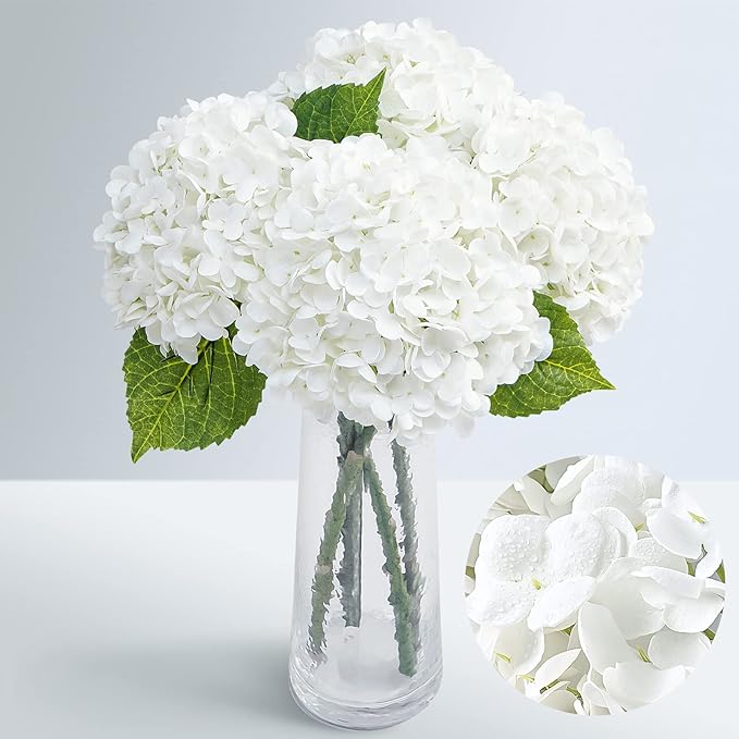 Waipfaru 21" Real Touch White Hydrangea Artificial Flowers with Long Stem & Leaves, Full Latex Faux Hydrangea Flowers for Home Decor Party Floral Arrangements Wedding Bouquets Centerpieces, 4Pcs