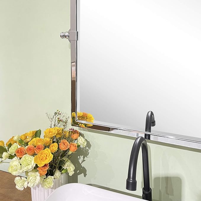 Polished Silver Metal Framed Pivot Rectangle Bathroom Mirror Tilting Beveled Vanity Mirrors for Wall, Overall 23.9 x 24 inches (Mirrror 20 x 24 inches)