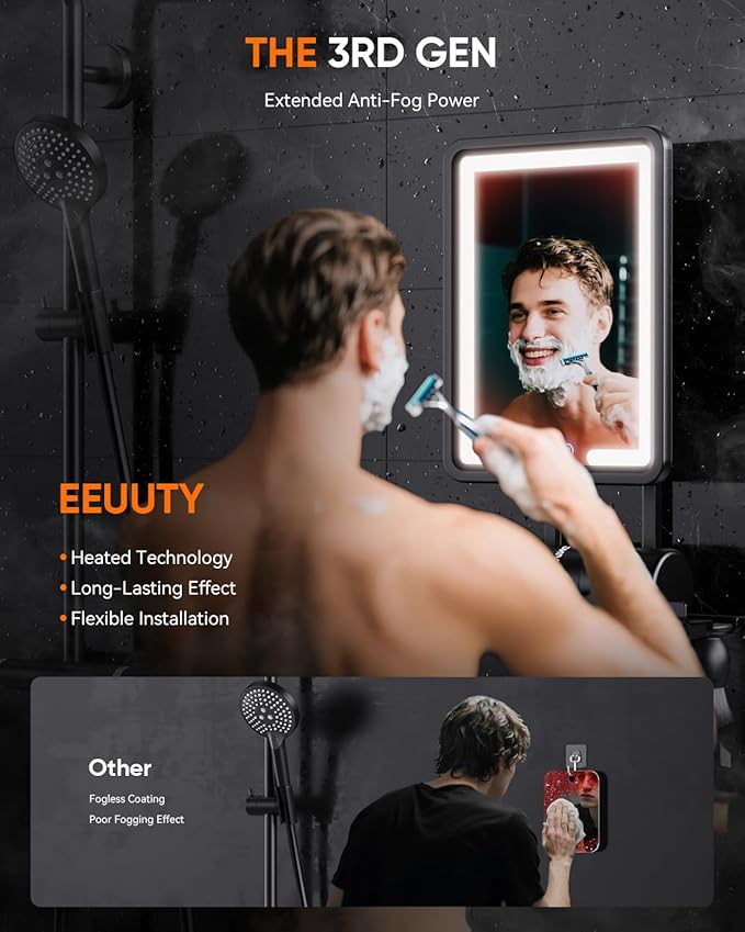 Heated Shower Mirror Fogless for Shaving 2025 New, 3 Colors Stepless Dimmable Lights Anti Fog Shower Mirror, Fog Free Mirror for Shaving with Razor Holder for Men, NO-Drilling, Removable - Black