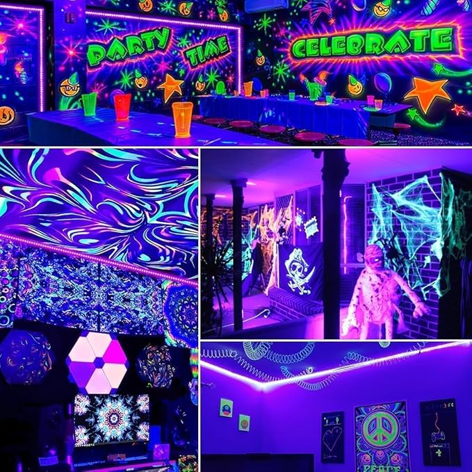 20ft Black Light Strip with Remote, 360 LED Lamp Beads, 12V Flexible Lights for Glow Party, Adjust Brightness, Delay Off, 3 Light Modes, Indoor Fluorescent Party, Stage Lighting