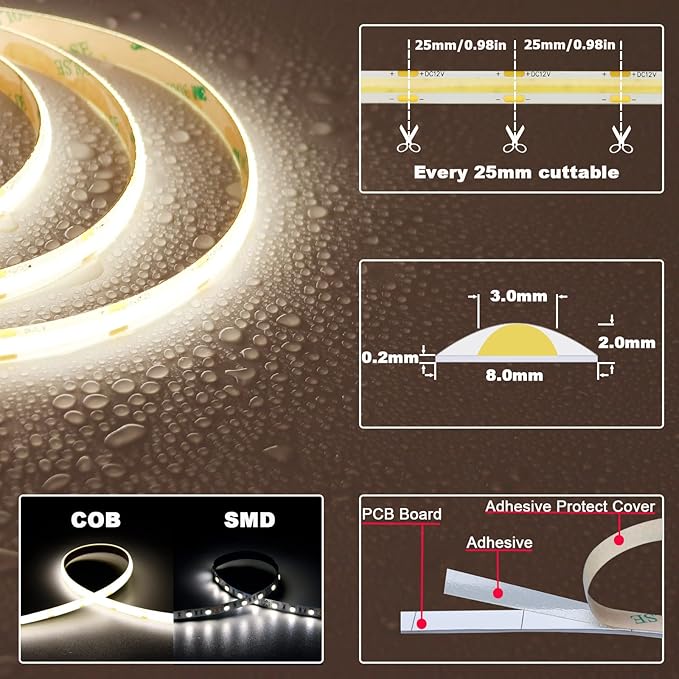 TOPAI 12V COB LED Strip Light 4000K Natural White Waterproof IP65 480LEDs/M Super Bright 4000Lm CRI>90 16.4ft/5M Self Adhesive Dotless Cuttable Flexible for Bedroom Cabinet DIY Lighting