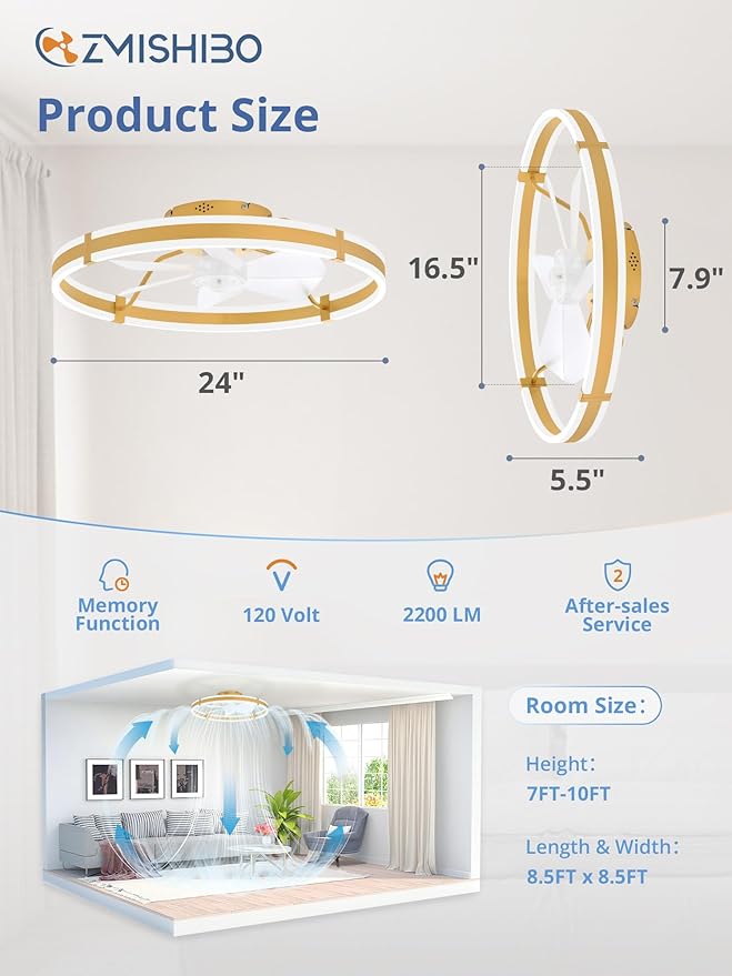 ZMISHIBO 24 Inch Ceiling Fans with Lights and Remote, Modern Low Profile Ceiling Fan, 3000-6000K Dimmable Flush Mount LED Fan Light, 6 Wind Speeds, Fandelier Ceiling Fans for Bedroom- Gold