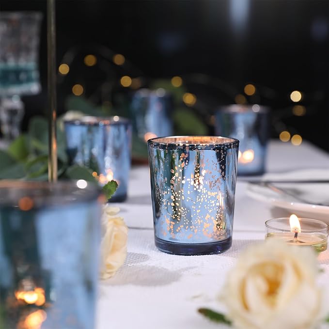 LETINE Blue Votive Candle Holders Set of 36 -Mercury Glass Candle Holders for Wedding & Baby Shower Decor - Ideal for Bridal Shower & Centerpieces for Tables