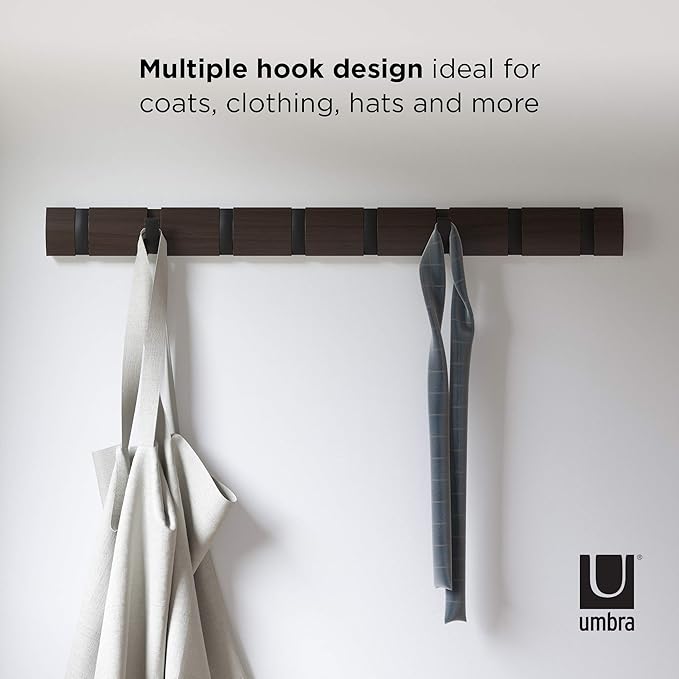 Umbra - Flip Wall-Mounted Coat Rack Rail Hook for Hats, Jackets, Bags and More, Wood, Metal, Black/Walnut
