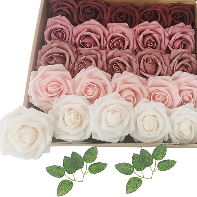 Artificial Flowers 25pcs Roses, Shade of Burgundy Foam Fake Rose Faux Flower for DIY Wedding Bouquets Bridal Shower Centerpieces Floral Arrangements Party Tables Home Decorations