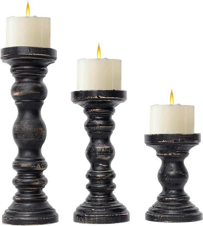 SWALLOWLIVING Rustic Farmhouse Wood Pillar Candle Holder Set of 3 for Candlestick, Black