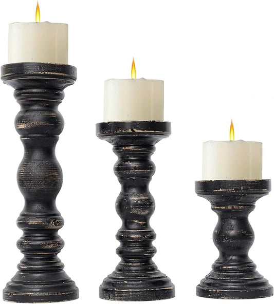 SWALLOWLIVING Rustic Farmhouse Wood Pillar Candle Holder Set of 3 for Candlestick, Black