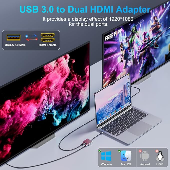 Reborn USB to HDMI Adapter, 1080P@60Hz USB 3.0 Male to Dual HDMI Female Multi-Display Cable Converter Suitable for MacOS, Windows 7/8/10/11 - Driver Installation is Required