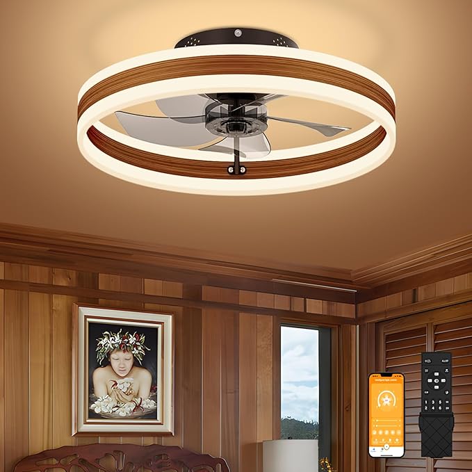 VOLISUN Fandelier Ceiling Fans with Lights and Remote, 15.7in Farmhouse Ceiling Fan Flush Mount, 3000K-6500K Dimmable Bladeless Ceiling Fan with Light, Modern Ceiling Fans with Lights for Bedroom