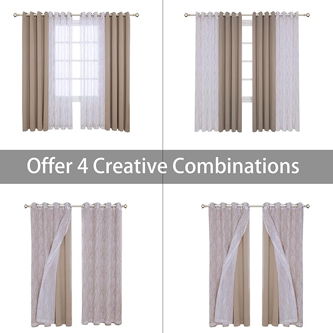 BONZER Mix and Match Curtains - 2 Pieces Branch Print Sheer Curtains and 2 Pieces Blackout Curtains for Bedroom Living Room Grommet Window Drapes, 54x108 Inch/Panel, Taupe, Set of 4 Panels
