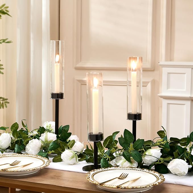 Black Hurricane Candle Holders Set of 6, Tall Metal & Windproof Glass Taper Candle Holders, Outdoor/Indoor Table Centerpieces for Weddings, Christmas, Parties, Fireplace Decor