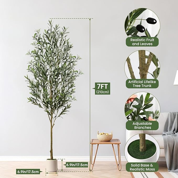 Alupssuc 7FT Artificial Olive Trees, Faux Silk Plant with Lively Artificial Trunk and Lifelike Fruits, Indoor Fake Potted Tree with White Planter for Modern Home Office Living Room Decor