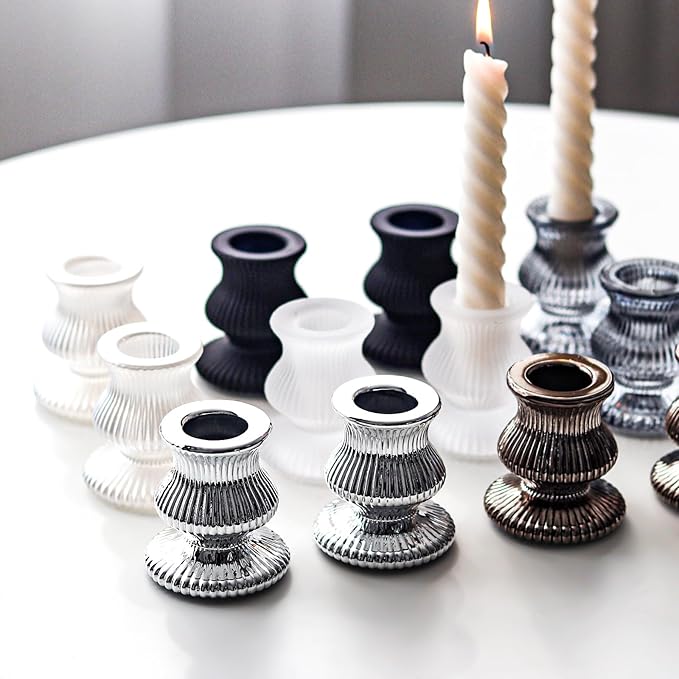 WDHODEC Black White Candlestick Holders 12PCS Glass Taper Candle Holders for Table Centerpiece Colorful Candle Sticks for Wedding, Party and Festival Decoration