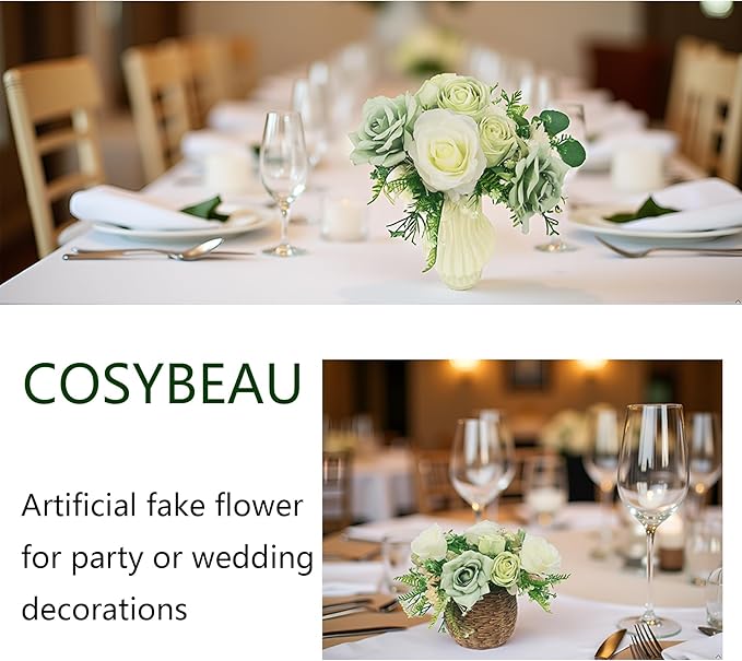 Artificial Flowers Fake Roses, Faux Plant with Stems for DIY Wedding Bouquets Bridal Shower Centerpieces Arrangements Party Tables Decorations (24, Mix Shades of Light Green)