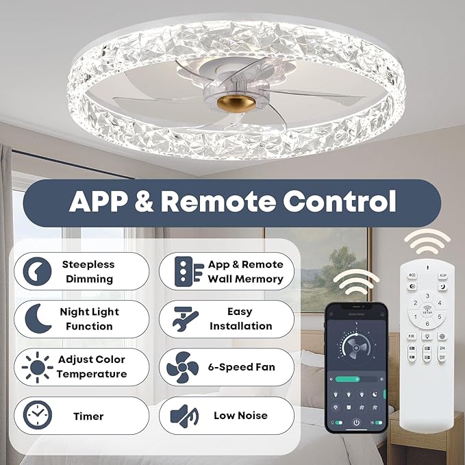 20'' Ceiling Fan with Light, Upgraded Low Profile Fan, Flush Mount Ceiling Fan, 6 Speeds, Dimmable LED, App & Remote Control, Quiet DC Motor, for Bedroom, Living Room, F098 White