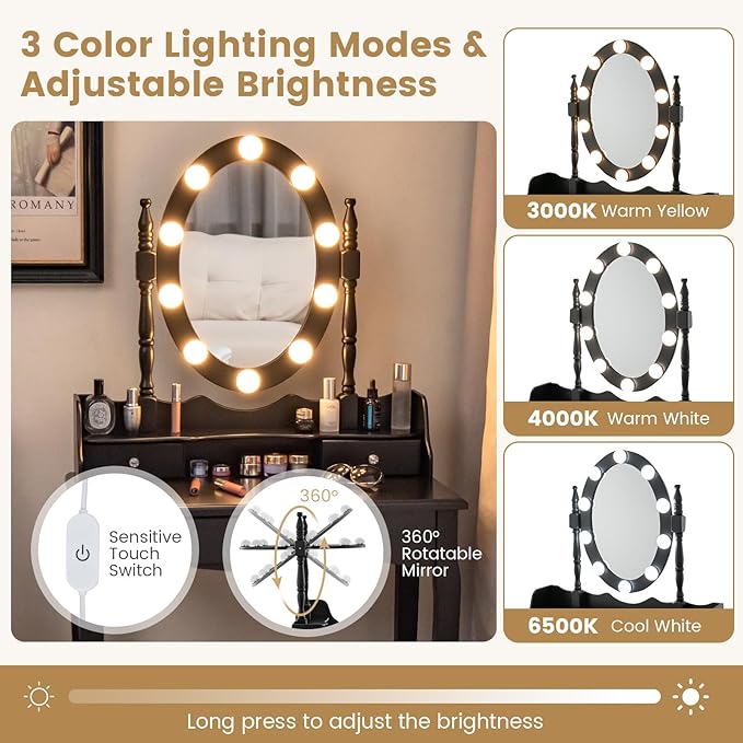 CHARMAID Girls Makeup Vanity Desk with Lights, Vanity Table with Lighted Mirror, 3 Lighting Modes, Adjustable Brightness, Modern Makeup Table with 3 Drawers and Stool for Small Space (Black)