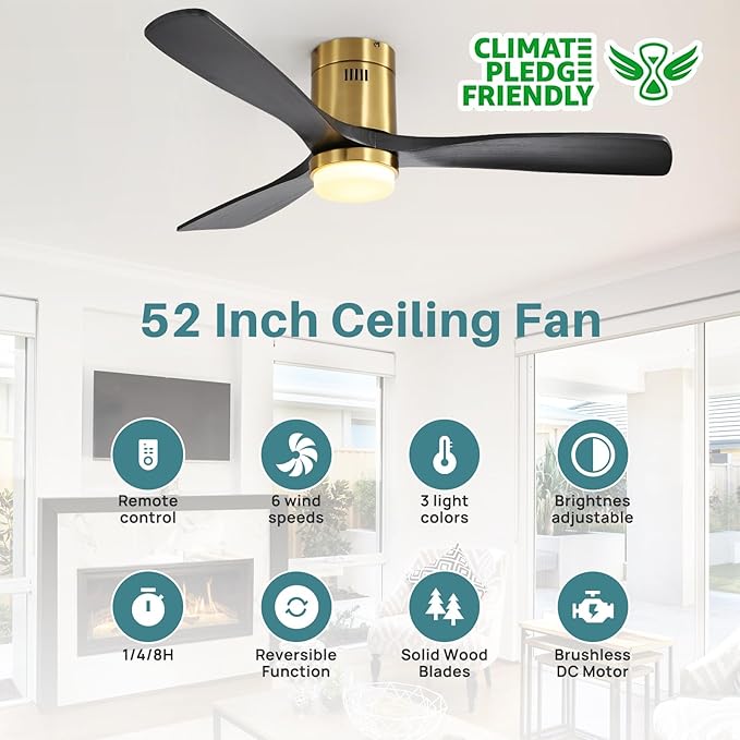 Sofucor 52 Inch Smart Ceiling Fans with Lights-Flush Mount Low Profile Modern Outdoor Solid Wood Ceiling Fans with Alexa/Google Assistant/APP/Remote Control for Bedroom/Farmhouse/Patio, Black Gold